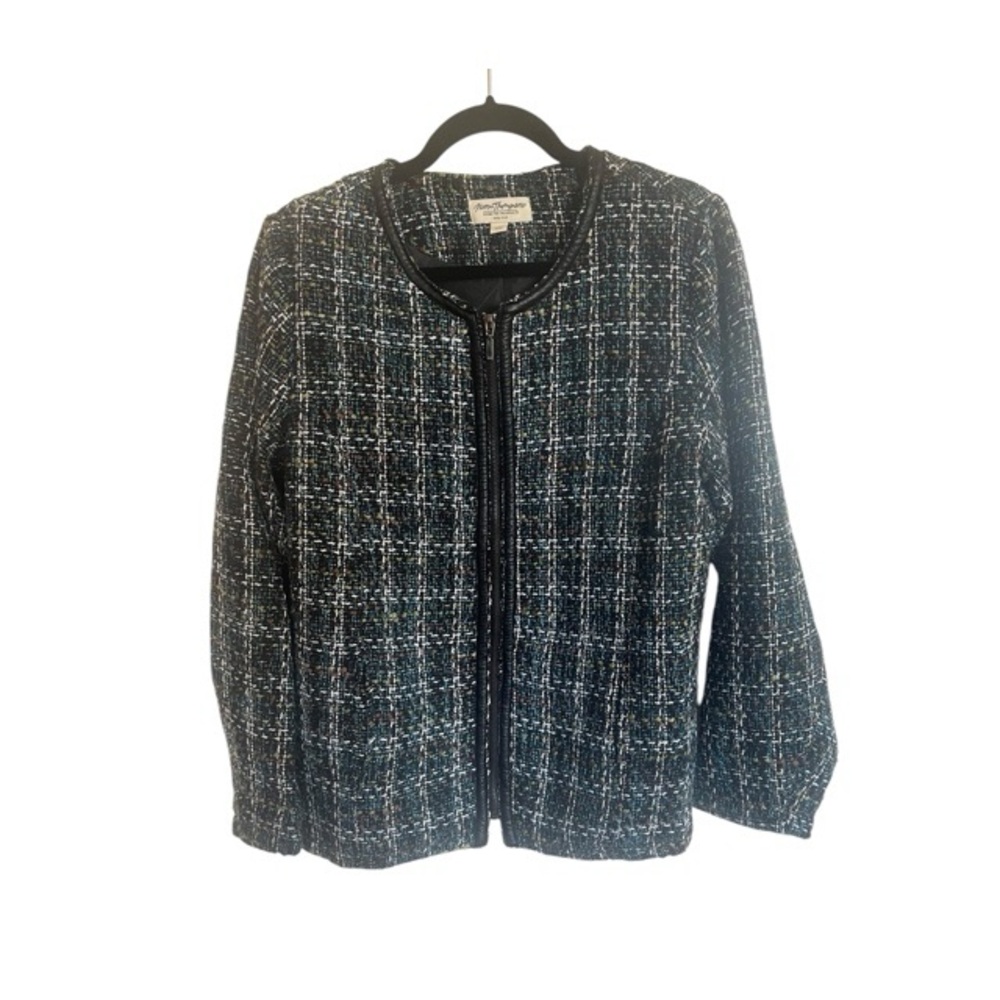 Norm Thompson Vintage Tweed Faux Leather Trim Blazer